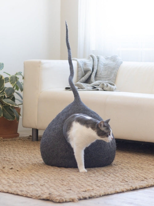 Deluxe Hand-crafted Felt Cave Hideout for Cats (Stone Gray)