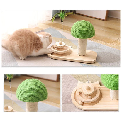Wooden Rolling Ball, Scratching Post, Feather (3-in-1) Toy for Cats