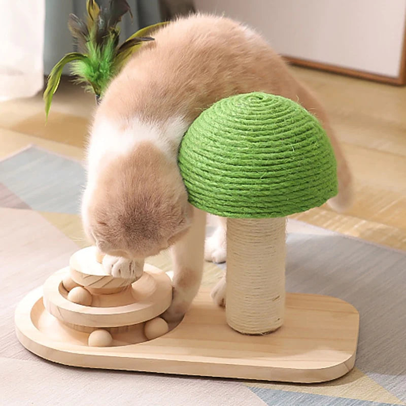 Wooden Rolling Ball, Scratching Post, Feather (3-in-1) Toy for Cats