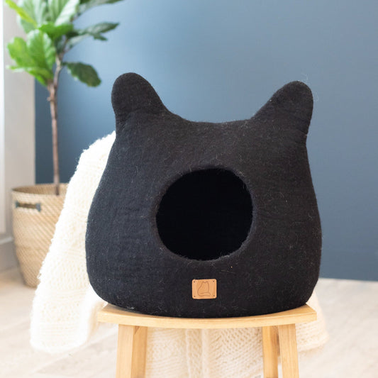 Whimsical Cat Cave Bed (Night Black) - Felted Wool Hideout for Cats