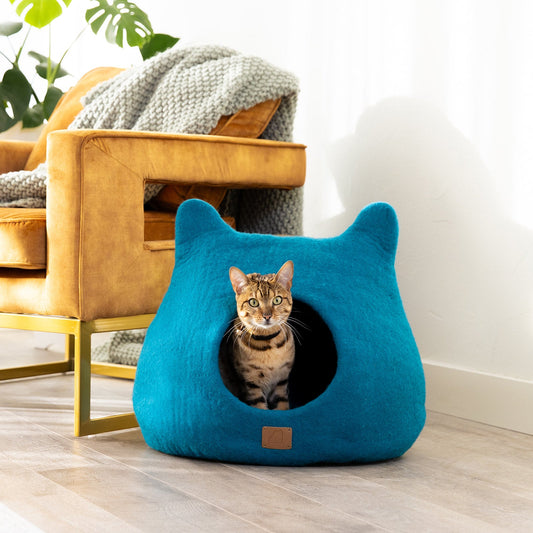 Whimsical Cat Cave Bed (Ocean Blue) - Felted Wool Hideout for Cats