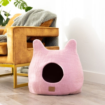 Whimsical Cat Cave Bed (Valentine Pink) - Felted Wool Hideout for Cats