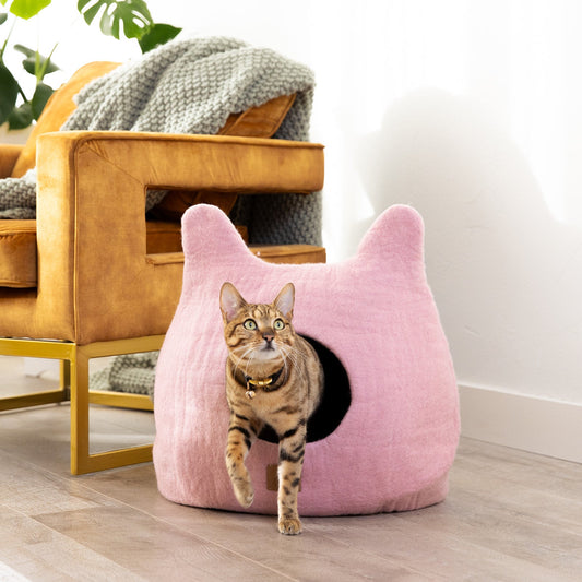 Whimsical Cat Cave Bed (Valentine Pink) - Felted Wool Hideout for Cats