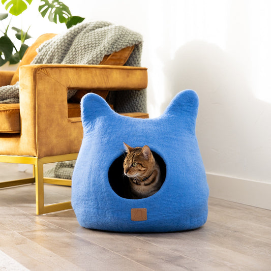 Whimsical Cat Cave Bed (Sky Blue) - Felted Wool Hideout for Cats