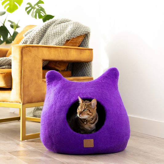 Whimsical Cat Cave Bed (Plum Purple) - Felted Wool Hideout for Cats