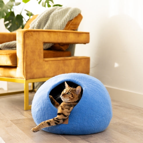 Premium Felt Cat Bed Cave (Sky Blue) - Felted Wool Hideout for Cats