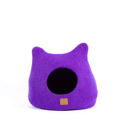 Whimsical Cat Cave Bed (Plum Purple) - Felted Wool Hideout for Cats