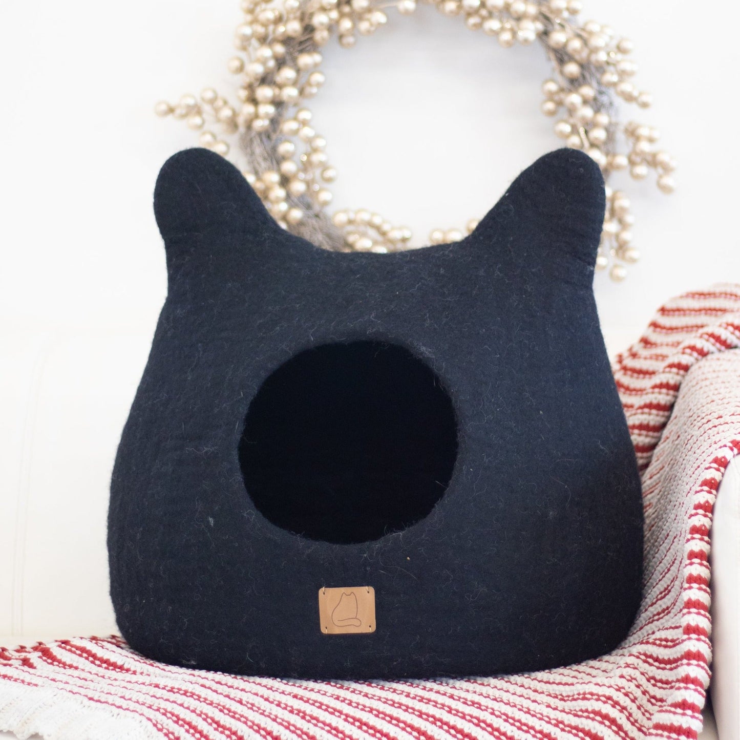 Whimsical Cat Cave Bed (Night Black) - Felted Wool Hideout for Cats