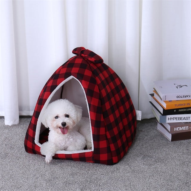 Plaid Bowknot Dog Bed Hut