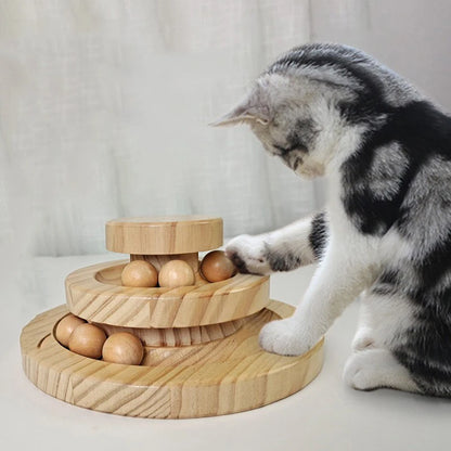 Luxury Triple-Tier Wooden Pet Cat Toy Ball Tower