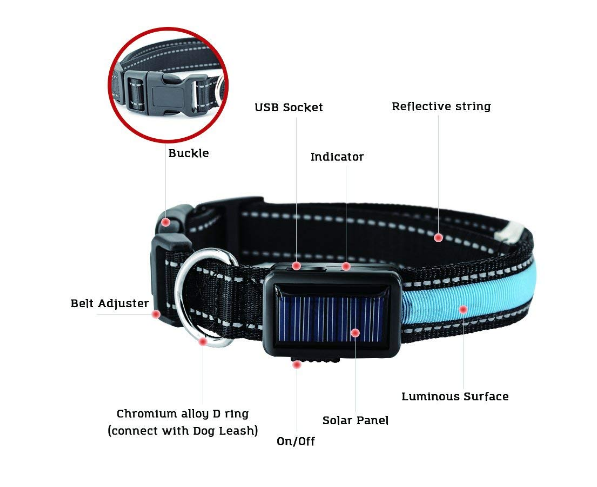 USB and Solar Charge Reflective LED Safety Dog Collar