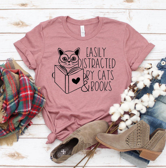 "Easily Distracted By Cats & Books" T-shirt